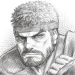  1boy beard clenched_hand facial_hair forked_eyebrows frown graphite_(medium) headband kuroneco looking_at_viewer male_focus muscular muscular_male mustache portrait ryu_(street_fighter) short_hair solo street_fighter thick_eyebrows traditional_media 