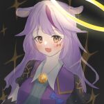  1girl animal_ears black_gloves blue_bow blush bow cow_ears eye_symbol gloves gradient_eyes halo highres long_hair looking_at_viewer multicolored_eyes orange_eyes purple_eyes purple_hair scp-6777 scp_foundation solo yellow_halo yikihara_yuki 