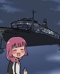  1girl ^_^ alcohol_carton blunt_bangs blush bocchi_the_rock! closed_eyes commentary cruise_ship facing_viewer fang harbor highres hiroi_kikuri holding_carton kaiji night outdoors parody red_hair ship smile solo star_(sky) torako_(toramaru) upper_body watercraft 