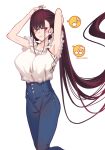  1girl armpits arms_behind_head arms_up blue_pants breasts brown_eyes brown_hair commentary_request denim fate/grand_order fate_(series) frills high-waist_pants highres jeans large_breasts long_hair looking_at_viewer mitsurugi_sugar murasaki_shikibu_(fate) musical_note pants shirt sleeveless sleeveless_shirt spoken_musical_note thighs very_long_hair white_shirt 