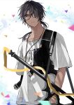  1boy arknights black_hair blurry blurry_foreground bracelet braid commentary confetti dark-skinned_male dark_skin frown glasses highres hishoti_cheese holster jewelry long_hair looking_at_viewer male_focus multiple_braids necklace ponytail sheath sheathed shirt simple_background solo sword t-shirt thorns_(arknights) thorns_(comodo)_(arknights) weapon white_background white_shirt yellow_eyes 