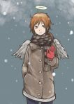  angel angel_wings blue_pants brown_coat brown_eyes brown_hair brown_scarf coat feathered_wings gloves grey_wings haibane_renmei halo highres messy_hair outdoors pants rakka_(haibane) red_gloves scarf short_hair snow snowing striped striped_scarf wings winter winter_clothes winter_coat yasu_(shijimi_8) 