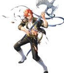  1boy argon_(exys) black_jacket black_pants boots brown_eyes fire_emblem fire_emblem:_three_houses fire_emblem_heroes full_body garreg_mach_monastery_uniform hair_between_eyes highres jacket leggings looking_at_viewer male_focus midriff official_art one_eye_closed open_clothes open_jacket orange_hair pants scabbard sheath sheathed shirt short_hair solo standing sword sylvain_jose_gautier torn_clothes torn_jacket torn_pants torn_shirt transparent_background weapon white_footwear white_shirt 