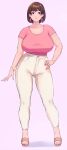  1girl ass_visible_through_thighs bangle bracelet breasts brown_hair collarbone earrings full_body hand_on_own_hip highres jewelry large_breasts looking_at_viewer mature_female mole mole_under_eye original pants pink_background pink_nails pink_shirt plump red_eyes renemu ring sandals shirt short_hair short_sleeves standing toeless_footwear wedding_ring white_pants 