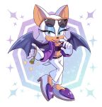  1girl angiethecat animal_ears bat_ears bat_girl bat_tail bat_wings belt blue_eyeshadow chao_(sonic) crop_top eyelashes eyeshadow furry furry_female gloves green_eyes heart highres jacket makeup midriff pants purple_jacket rouge_the_bat sonic_(series) sparkle sunglasses the_murder_of_sonic_the_hedgehog white_footwear white_fur white_pants wings 