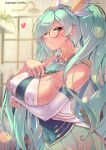  1girl artist_name bare_shoulders blurry blurry_background breasts covered_navel covered_nipples darklux detached_sleeves from_side glasses green_hair heart highres large_breasts league_of_legends long_hair pleated_skirt round_eyewear skirt smile solo sona_(league_of_legends) star_guardian_sona teeth white_sleeves window 