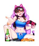  1girl :d animal_ear_headphones animal_ears bare_shoulders black_choker blue_shorts blush blushyspicy bottle bra breasts brown_ahri brown_hair can cat_ear_headphones cat_ears chair choker cleavage collarbone controller crop_top d.va_(overwatch) facial_mark fake_animal_ears half-closed_eyes headphones holding holding_controller knee_up large_breasts legs_apart long_hair looking_at_viewer midriff monster_energy off_shoulder outline overwatch shiny_skin shorts sitting smile solo teeth transparent_background underwear upper_teeth_only white_outline 