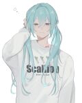  1girl aqua_eyes arm_up bangs blue_hair half-closed_eyes hatsune_miku highres hood hoodie long_hair looking_to_the_side onion sad_smile simple_background solo solo_focus tattoo upper_body vocaloid white_background white_hoodie yukihira_makoto 