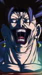  1boy absurdres black_hair blank_eyes close-up commentary crazy_smile dragon_ball dragon_ball_z earrings english_commentary highres jewelry kinzokumatto large_pectorals male_focus open_mouth pectorals portrait potara_earrings saliva smile solo tongue vegetto 