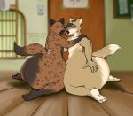  absurd_res anthro beastars big_butt bodily_fluids brown_body brown_fur butt canid canine canis coyote duo durham_(beastars) friends fur hand_on_butt hand_on_hip hand_on_shoulder hi_res huge_butt huge_thighs hyena intimacy looking_pleasured making_out male male/male mammal miguno_(beastars) nude saliva saliva_on_tongue saliva_string sloppy_kiss spots spotted_body spotted_hyena tan_body tan_fur thick_thighs thirstydraws 