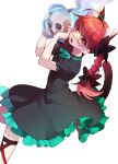 1girl akibotann animal_ears braid cat_ears cat_tail dress extra_ears frilled_dress frilled_sleeves frills green_dress highres holding holding_skull kaenbyou_rin long_hair multiple_tails open_mouth red_eyes red_hair short_sleeves simple_background skull solo tail touhou twin_braids two_tails white_background 