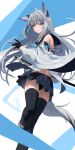  1girl absurdres ahoge animal_ears azur_lane black_gloves black_skirt black_thighhighs blue_eyes blue_neckerchief closed_mouth fox_ears fox_girl fox_tail gloves grey_hair hand_up highres japanese_clothes katana kawakaze_(azur_lane) long_hair midriff natoriusu_sansei navel neckerchief nontraditional_miko pleated_skirt sailor_collar skirt solo sword tail thighhighs weapon wide_sleeves zettai_ryouiki 