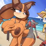  anthro areola beach biped blue_eyes breasts canid canine cooliehigh female fox fur hi_res mammal miles_prower nipples seaside sega sonic_boom sonic_the_hedgehog_(series) sticks_the_jungle_badger yellow_body yellow_fur 