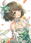  1girl arm_ribbon bare_shoulders blue_eyes blush breasts brown_hair card chain cleavage collarbone dress elbow_gloves falling_petals feather_hair_ornament feathers flower gloves green_eyes green_hair hair_flower hair_ornament heterochromia highres holding holding_card idolmaster idolmaster_cinderella_girls idolmaster_cinderella_girls_starlight_stage iku2727 jewelry looking_at_viewer medium_breasts mole mole_under_eye necklace open_mouth petals ribbon sash short_hair simple_background smile solo takagaki_kaede white_dress white_gloves 