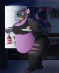 anthro appliance belly belly_overhang big_belly black_body black_fur breasts butt cleavage clothed clothing cupcake domestic_cat felid feline felis female food food_in_mouth fridge fur hi_res kate_(tach0012) kitchen kitchen_appliance love_handles mammal markings muffin navel night obese obese_anthro obese_female overweight overweight_anthro overweight_female purple_body purple_fur solo striped_markings striped_tail stripes sushisnake tail tail_markings yellow_eyes 
