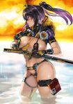  1girl areola_slip black_gloves black_hair breasts closed_mouth commentary_request from_side gloves hair_intakes highres holding holding_sword holding_weapon hood hood_down katana large_breasts long_hair multicolored_hair navel nishii_(damnedrive) original partially_submerged ponytail profile purple_hair red_eyes revealing_clothes sheath sheathed shrug_(clothing) simple_background solo sparkle standing streaked_hair sword thigh_strap thighs two-tone_gloves weapon yellow_gloves 