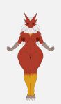  2021 4_fingers absurd_res anthro areola blaziken blue_eyes breasts female fingers generation_3_pokemon genitals hi_res looking_at_viewer nintendo nipples nude pokemon pokemon_(species) princeofchilledbros pussy red_body red_skin simple_background solo white_background yellow_sclera 
