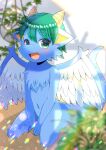  :d animal_ear_fluff blurry blurry_background blurry_foreground commentary_request commission depth_of_field feathered_wings full_body furry green_eyes green_hair hair_between_eyes horns kou_hiyoyo looking_at_viewer navel original pointy_ears sitting skeb_commission smile solo tail wariza white_wings wings 