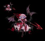  1girl bat_wings black_background commentary_request dress flower freezeeternall full_body hair_flower hair_ornament hat hat_ribbon holding holding_weapon koumajou_densetsu looking_at_viewer mob_cap pink_dress pink_headwear pixel_art red_eyes red_ribbon remilia_scarlet ribbon simple_background spear_the_gungnir touhou weapon white_flower wings 