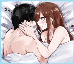  1boy 1girl bare_arms bare_shoulders bed_sheet black_hair blue_border blue_eyes blush border brown_hair closed_mouth go-toubun_no_hanayome hand_on_another&#039;s_face highres long_hair looking_at_another lying mame1645 nakano_miku on_side profile shared_blanket short_hair sleeping topless_male uesugi_fuutarou under_covers zzz 