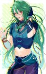  1boy absurdres baizhu_(genshin_impact) beads braid crop_top genshin_impact glasses green_hair hair_between_eyes hair_ornament highres jewelry long_hair male_focus navel open_mouth pinchi shirt solo stomach tongue yellow_eyes 