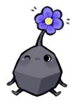  black_eyes black_skin blush blush_stickers colored_skin english_commentary flower light_blush looking_at_viewer lowres no_humans no_mouth nose_blush notice_lines one_eye_closed pikmin_(creature) pikmin_(series) purple_flower rock rock_pikmin sitting spicymochi transparent_background 