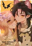  1boy 1girl animal_ears bandages bat_(animal) black_hair black_nails black_shirt blonde_hair collar earrings english_commentary flower fox_ears genshin_impact grey_hair hair_flower hair_ornament halloween halloween_costume highres jewelry jk_4140 long_hair lumine_(genshin_impact) multicolored_hair mummy shirt smile teeth xiao_(genshin_impact) yellow_eyes 