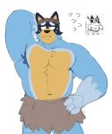  absurd_res anthro armband armpit_hair australian_cattle_dog bandit_heeler barbarian blue_body blue_fur bluey_(series) bodily_fluids body_hair bottomwear canid canine canis cattledog clothing domestic_dog embarrassed fur hand_behind_head hand_on_hip herding_dog hi_res loincloth male mammal mightiezz multicolored_body multicolored_fur muscular muscular_male pastoral_dog pecs screencap simple_background solo sweat sweatdrop yellow_body yellow_fur 