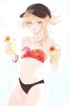  1girl :d asa_(1asa-0-asa1) bandeau bare_shoulders baseball_cap bikini black_headwear blonde_hair breasts chest_tattoo cleavage cowboy_shot cup drinking_glass genshin_impact groin hat highres holding holding_cup long_hair looking_at_viewer mismatched_bikini navel open_mouth small_breasts smile solo standing stomach strapless strapless_bikini swimsuit tattoo thighs yellow_eyes yoimiya_(genshin_impact) 