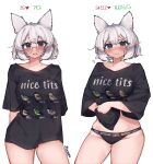  1girl absurdres animal_ears artist_name auraaa black_panties black_shirt blue_eyes blush breasts cat_ears closed_mouth clothes_lift cowboy_shot english_text glasses groin highres large_breasts looking_at_viewer multiple_views open_mouth original panties pointy_ears round_eyewear shirt shirt_lift short_hair simple_background tearing_up teeth underwear upper_teeth_only white_background white_hair 