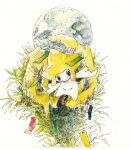  full_moon grey_eyes jirachi moon no_humans no_nose outstretched_arms painting_(medium) plant pokemon pokemon_(creature) smile solo tanabata tanzaku traditional_media watercolor_(medium) white_background yamaki_kei 