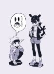  2boys character_request double_bun full_body greyscale hair_bun headband jacket leggings_under_shorts luo_xiaohei_zhanji monochrome multiple_boys nezha_(the_legend_of_luoxiaohei) nploser pants shirt shoes shorts squatting standing thought_bubble 