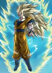  1boy arm_at_side artist_name aura baggy_pants biceps blonde_hair blue_footwear blue_sash blue_shirt blue_sky blue_wristband boots clenched_hand closed_mouth commentary_request day dougi dragon_ball dragon_ball_z electricity energy floating full_body green_eyes halo hand_up highres long_hair looking_at_viewer male_focus muscular muscular_male no_eyebrows orange_pants outdoors pants pectorals sash serious seya_(asasei_718) shirt short_sleeves signature sky solo son_goku spiked_hair super_saiyan super_saiyan_3 v-shaped_eyebrows wristband 