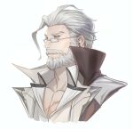  1boy absurdres bara beard character_request cropped_torso ear_piercing facial_hair glasses hair_slicked_back highres ina_zuma looking_ahead male_focus mature_male old old_man pectoral_cleavage pectorals piercing sideburns solo thick_mustache white_hair 