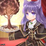  1girl animal_ear_fluff animal_ears ascot bangs black_capelet black_jacket black_skirt brooch capelet character_request chocolate closed_mouth collared_shirt copyright_name curtains dairoku_ryouhei holding holding_plate indoors jacket jewelry long_hair looking_at_viewer magic plate purple_eyes purple_hair sefirot shikito shirt skirt smile solo very_long_hair white_ascot white_shirt 