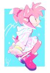  alternate_hairstyle amy_rose animal_ears black_coat boots coat gloves gold_bracelet green_eyes hand_on_back hedgehog hedgehog_ears hedgehog_girl hedgehog_tail highres looking_to_the_side pink_fur ponytail raincoat rubber_boots smile solo sonic_(series) tail weon1119 white_coat white_gloves 