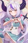  1girl absurdres alternate_costume blush enmaided heart heart_hands highres hololive horns la+_darknesss long_hair looking_at_viewer maid maid_headdress multicolored_hair pointy_ears purple_hair purple_thighhighs solo tail thighhighs two-tone_hair very_long_hair virtual_youtuber white_hair yellow_eyes yukinashi 