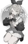  1girl adapted_costume bow bowtie cardigan character_name commentary eating food fortissimo greyscale hair_bow highres holding holding_food holding_phone jacket kagamine_rin kagamine_rin_(vocaloid4) kneeling looking_at_viewer monochrome multiple_hairpins off_shoulder open_cardigan open_clothes open_jacket phone piano_print rcs_4 school_uniform short_hair sideways_glance skirt solo squatting swept_bangs symbol-only_commentary thighs vocaloid white_background 
