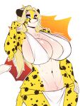  anthro blonde_hair bottomwear breasts cheetah chest_tuft cleavage clothed clothing felid feline female fur hair hi_res loincloth mammal sagestrike2_(artist) spots spotted_body spotted_fur tuft wide_hips 