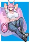  1girl abs absurdres animal_ears arms_behind_head bell blush breasts cat_ears cat_girl cat_tail choker cleavage commission denim fang ghgnvm green_eyes highres jeans large_breasts muscular muscular_female neck_bell original pants pillow pink_hair pixiv_commission short_hair solo tail 