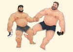  2boys absurdres arm_hair bara big_belly black_shorts bulge chest_hair child controller couple dolphin_shorts eye_contact floating foot_hair full_body hahasthund hairy hand_hair highres holding_hands joystick knuckle_hair large_pectorals leg_hair looking_at_another male_focus mature_male multiple_boys muscular muscular_male navel navel_hair nipples original pectorals plump short_hair short_shorts shorts simple_background sparse_navel_hair star_(sky) stomach thick_eyebrows thick_mustache thick_thighs thighs topless_male yaoi 