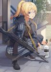  1girl ak-12 alcohol assault_rifle ayase_eli black_footwear blonde_hair blue_eyes blue_jacket blue_pants bottle breasts gun highres hiroki_ree holding holding_bottle jacket kalashnikov_rifle love_live! pants rifle smile solo squatting track_jacket track_suit vodka weapon 