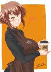  1girl apron artist_name black_shirt breasts brown_apron brown_hair collared_shirt dated flipped_hair green_eyes highres kantai_collection kiriki_haruomi large_breasts mutsu_(kancolle) one_eye_closed orange_background parted_lips shirt short_hair smile solo tumbler two-tone_background 