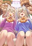  2girls alternate_costume animal_ear_fluff animal_ears bandaid_hair_ornament blonde_hair blue_hair blue_hairband blue_nails blue_sweater blush closed_eyes commentary dog_ears dog_girl doughnut eating facing_viewer fangs feet_out_of_frame food from_below fuwawa_abyssgard hair_between_eyes hair_intakes hair_ornament hairband hairclip happy highres holding holding_food hololive hololive_english kaigan long_hair long_sleeves mococo_abyssgard multicolored_hair multiple_girls nail_polish open_mouth oversized_food oversized_object perroccino_(fuwamoco) pink_hair pink_hairband pink_nails pink_sweater pon_de_ring romaji_commentary short_hair siblings side-by-side sisters sitting skin_fangs smile streaked_hair sweater twins two_side_up virtual_youtuber x_hair_ornament 