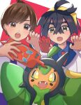  2boys :o aritsune01 black_hair blue_shirt blush brown_eyes brown_hair collared_shirt commentary_request crossed_bangs florian_(pokemon) gloves hair_between_eyes hairband hands_up holding holding_phone jacket kieran_(pokemon) male_focus multiple_boys necktie ogerpon open_mouth phone pokemon pokemon_(creature) pokemon_(game) pokemon_sv red_gloves red_necktie rotom rotom_phone shirt short_hair single_glove teeth upper_teeth_only white_jacket yellow_eyes yellow_hairband 