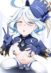  1girl ahoge ascot black_ascot black_gloves blue_eyes blue_hair blue_headwear breasts furina_(genshin_impact) genshin_impact gloves hair_between_eyes hat heterochromia highres light_blue_hair limelam06 long_hair looking_at_viewer meme_attire navel open_mouth pasties revealing_clothes reverse_bunnysuit reverse_outfit shrug_(clothing) small_breasts solo squatting standing stomach top_hat v white_background 