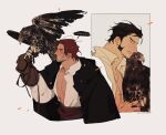  2boys bird black_hair brown_gloves cross cross_necklace dracule_mihawk earrings english_text facial_hair gloves goatee hawk highres jewelry male_focus multiple_boys necklace one_piece open_clothes red_hair scar scar_across_eye shanks_(one_piece) shirt short_hair sideburns smile speech_bubble thi_(just_minhthi) upper_body white_shirt 