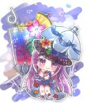  1girl black_headwear blush chibi closed_mouth cocktail_glass cup drink drinking_glass fire_emblem fire_emblem_engage fire_emblem_heroes flower hat highres ivy_(fire_emblem) ivy_(summer)_(fire_emblem) kinako_tadano long_hair parasol purple_eyes purple_hair solo swimsuit umbrella 