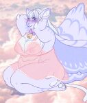  2023 absurd_res anthro big_breasts big_butt blush breasts butt claws clothed clothing digital_drawing_(artwork) digital_media_(artwork) dragon fairy_dragon female hair hi_res looking_at_viewer neck_bell neck_bow nipples overweight overweight_anthro overweight_female pastel pawpads purple_eyes scalie simple_background smile solo solo_focus tail thick_thighs wanderingprincess white_hair wings 