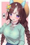  1girl absurdres animal_ears blue_skirt blue_sweater blush braid brown_hair ear_covers hi_ch_mng highres hokko_tarumae_(umamusume) horse_ears horse_girl long_hair looking_at_viewer multicolored_hair orange_headwear purple_eyes skirt sweater twin_braids umamusume white_headwear 